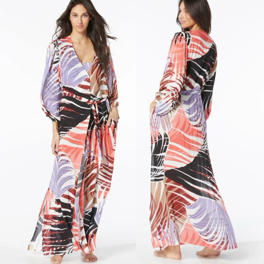 Vince Camuto Caftan Cover Up Maxi‎ Dress XS Oversized Multicolor Tropical Resort